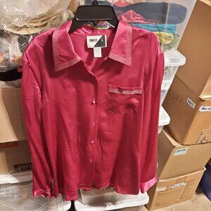 Jennifer L Long Sleeve Top 100% Silk Highlight Collar & Pocket Rosy SzL Worn Onc